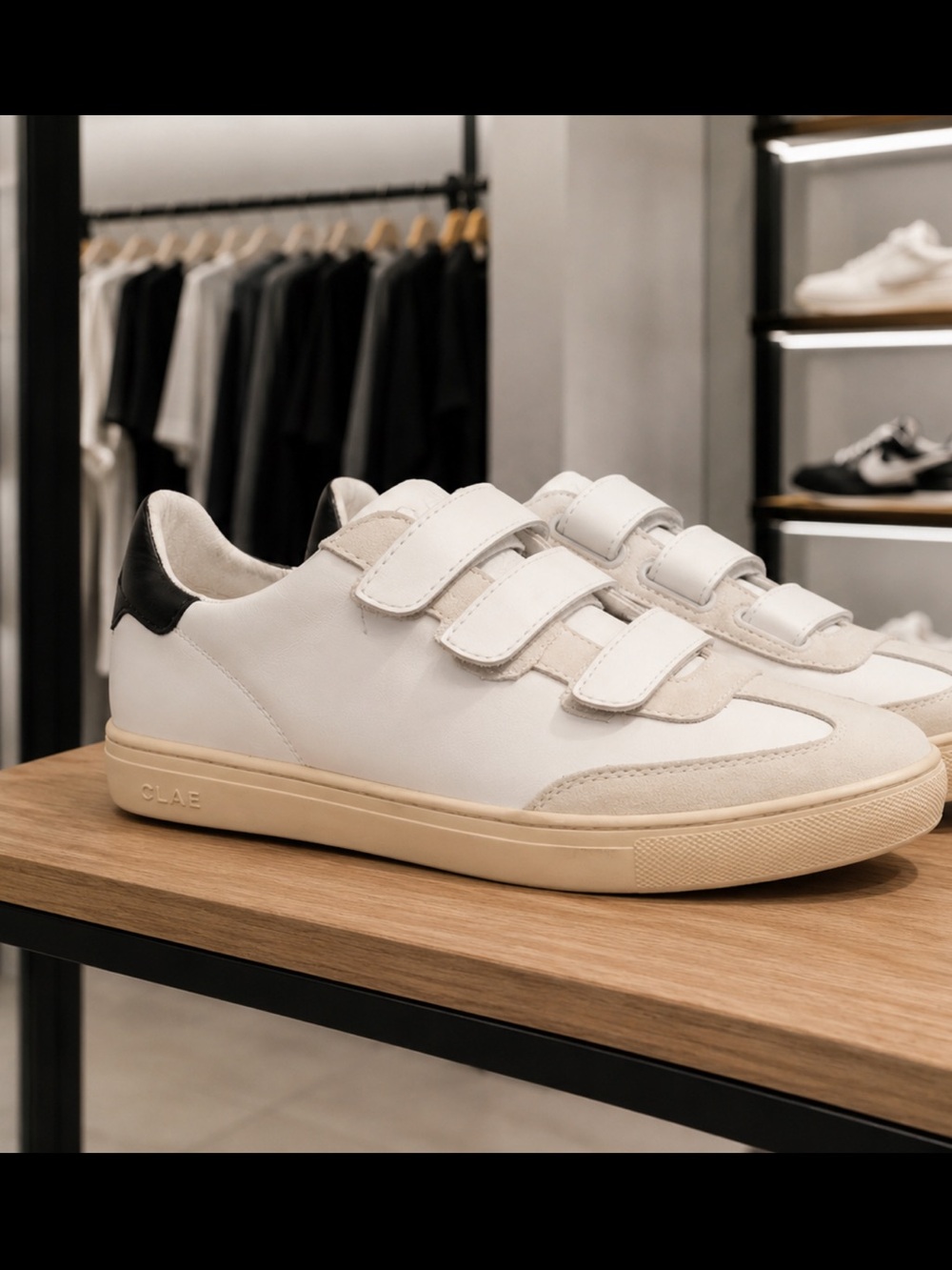 the CLAE Deane Strap sneakers in white leather and suede